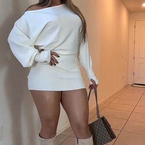 Edikted Cream Off-Shoulder Knit Dress